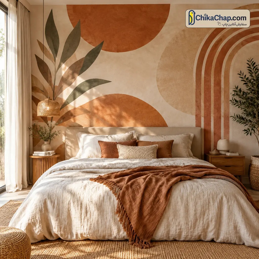کاغذ دیواری سبک بوهو با رنگهای گرم و طبیعی برای اتاق خواب آرام - چیکاچاپ